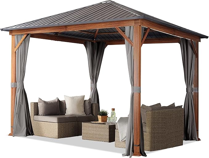 TOOLPORT Hardtop Gazebo 10x10 ft - Wood-Effect Finish - Steel Roof - 4 Side Panels in Gray