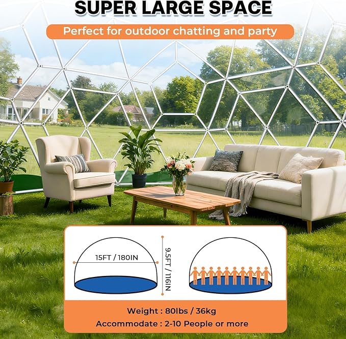 Garden Dome Tent 15*9.5FT, 360° View Geodesic Dome Greenhouse with PVC Clear Cover, Waterproof Garden Bubble Dome Tent House with 2 x 10M Light Strings for Outdoor, Green