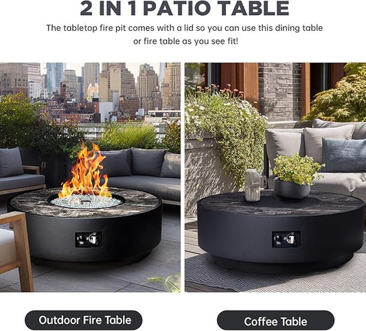 Outdoor Gas Fire Pit Table, 42 Inch 2 in 1 Propane Fire Table 65,000 BTU Black Round Firepit, Wind Guard for Garden, Deck, Backyard and Pool, Black
