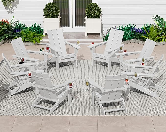 SERWALL Modern Folding Adirondack Chair Set of 4, Weather Resistant HDPE Outdoor Adirondack Chair with Cup Holders, Fire Pit Chairs for Patio Lawn Garden, White