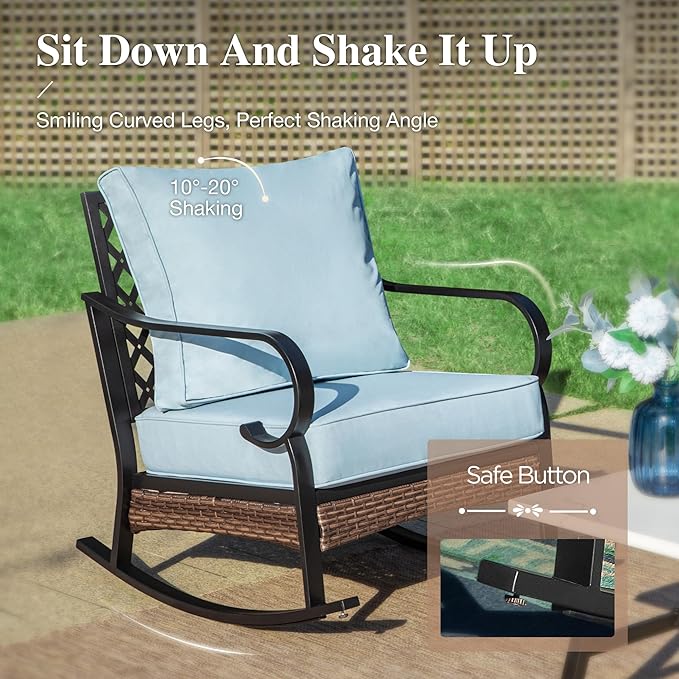 HERA'S HOUSE 6 Piece Metal Patio Furniture Set with 56" Fire Pit Table, All Weather Outdoor Conversation Set, 3 Seat Sofa, 2 Rocking Chairs, 2 Fixed Chairs, Seats 7 for Backyard, Garden, Deck, Blue
