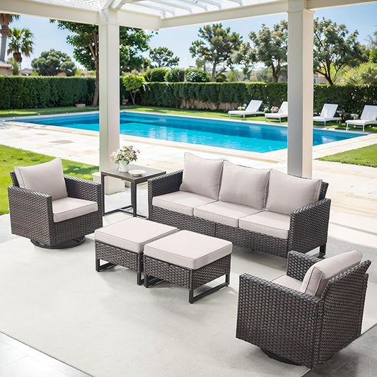 6 Piece Wicker Patio Furniture Set - Outdoor Swivel Rocker Chairs Set with Side Table, 3 Seat Sofa and Ottomans, Small Patio Conversation Sets Proch Furniture for Balcony Deck - Brown/Beige