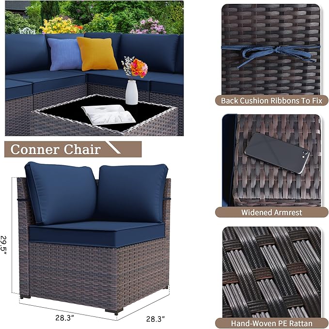 Kurapika 13 Pieces Patio Furniture Set, Rattan Wicker Outdoor Conversation Sets w/43in Propane Fire Pit Table(Navy Blue)