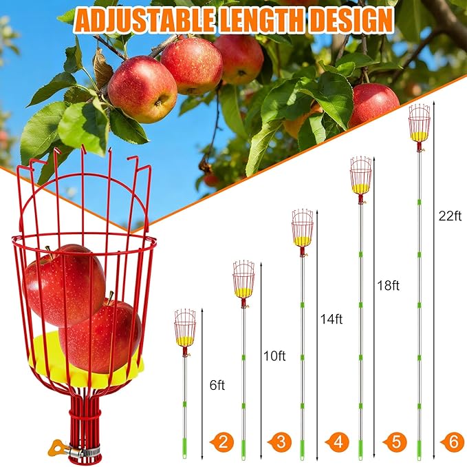 Lasnten 3 Set Fruit Picker Pole Tool with Basket Long Handle 22.5 ft Adjustable Apple Picker Tool Fruit Pick Equipment for Avocado Acorn Lemon Oranges Pear Mango Picking