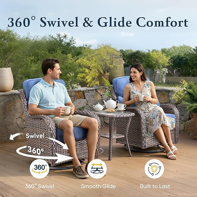 Belord Luxury 6" Thick Cushioned 7 Pieces Patio Furniture Set with Fire Pit Table, Wicker Outdoor Conversation Set with High Back Swivel Rocker Chairs for Deck Porch Yard and Poolside - Brown+Blue