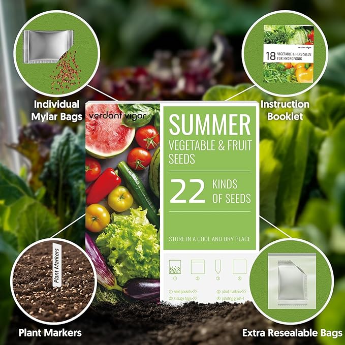 22 Summer Seeds Variety Pack for Planting, Over 10,000 Vegetable Seeds, USA Grown, Heirloom, Non-GMO, for Indoor Outdoor Gardening