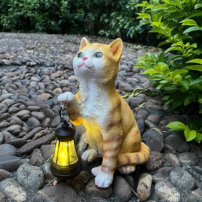 halp·ssfm Garden Decor Solar Cat Statues with Solar Lantern Outdoor Decor Lovely Tabby cat Figurine Halloween Yard Decoration Spooky Lawn and Garden Decor Holiday Party Ornament for Cat Lovers