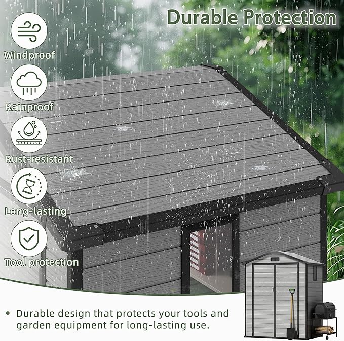6×4FT Plastic Outdoor Storage Shed, Double Door Tool Shed with Transparent Roof and Vent, Lockable Door with Key, Storing Patio Furniture, Gardening Tools, and Bicycle Accessories