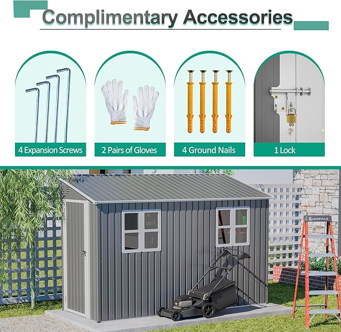 4x10 FT Outdoor Storage Shed, Metal Shed, Lockable Door, Sloping Roof, All-Weather Lean to Resin Shed for Garden, Backyard, Patio, Lawn (Gray)