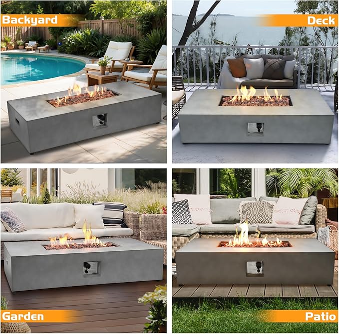 54" Outdoor Propane Fire Pit Table Set, 50,000 BTU Rectangle Concrete Gas Fire Pit Coffee Table W Auto-Ignition, Stainless Steel Burner, Lava Rocks, and Rain Cover for Patio, Backyard, Garden, Porch