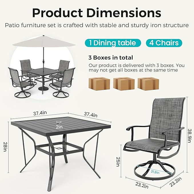 5-Piece Outdoor Dining Set, Patio Furniture Set with Textilene Swivel Chairs, Outdoor Table & 4 Chairs for Garden, Backyard, Poolside, Deck, Charcoal