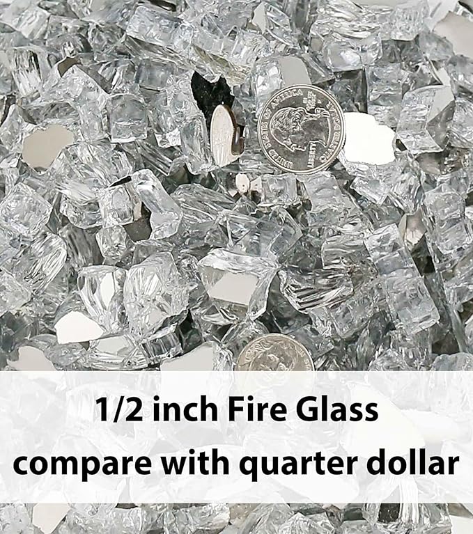 GRISUN Ultra White Fire Glass for Fire Pit, 10 Pounds 1/2 Inch High Luster Reflective Tempered Glass Rocks for Natural or Propane Fireplace, Safe for Outdoors and Indoors Firepit Glass