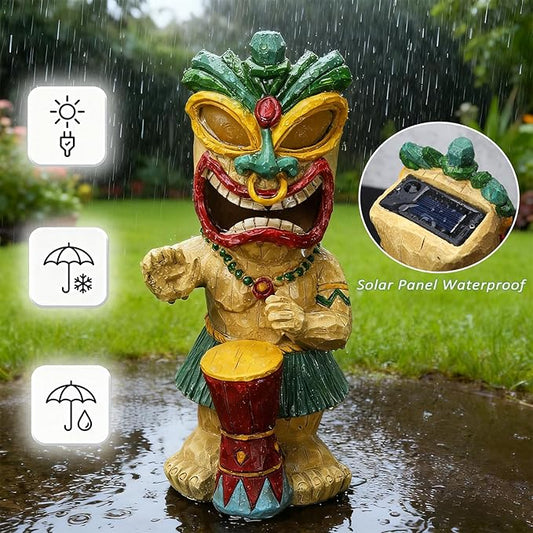 halp·ssfm Solar Tiki Garden Statue with LED Eyes Outdoor Polynesian Drummer Hawaiian Party Decor Solar Light Ornament for Patio Porch Lawn Tiki Bar or Tiki Lover Funny Stocking Stuffers Gifts