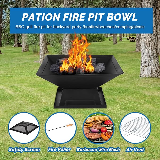 Outdoor Fire Pits for Outside Wood Burning Table Fire Pit with Spark Screen Cover, Fire Bowls Backyard Fire Pit with Fire Poker for Camping Beach (Black, 18.5 Inch)