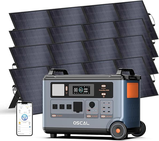 OSCAL PowerMax 6000 Solar Generator with 4x200W Solar Panels, 120/240V Split Phase Voltage 6000W AC Outlets (9000W Peak), 3600Wh Power Station Expandable to 57.6kWh, Emergency for Home