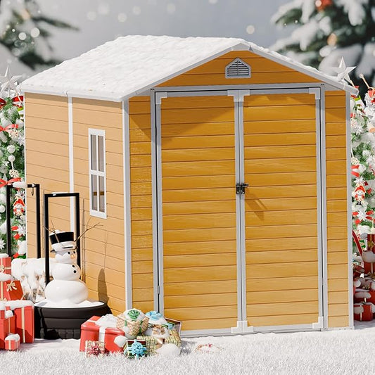 Plastic Sheds 6x8 Resin Outdoor Storage with Floor Included, Waterproof Lockable Garden Shed Tool Cabinet Brown