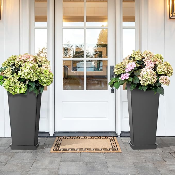Set of 4 24" Tall Plastic Planters with Trays, Large Tapered Plant Pots for Indoor Outdoor Use, Modern Decorative Planters for Porch, Patio, Garden, and Backyard