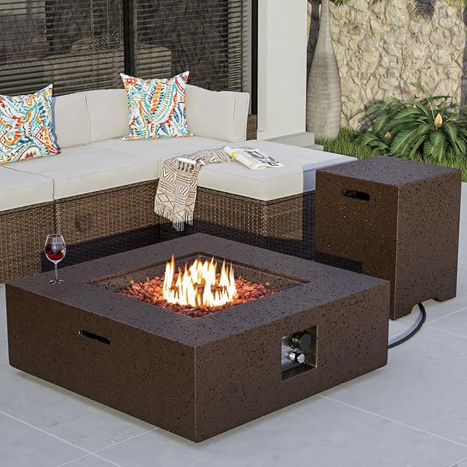 COSIEST Outdoor Propane Fire Pit Coffee Table w Square Faux Stone 35-inch Base, Certified, 50,000 BTU Stainless Steel Burner, Free Lava Rocks and Rain Cover,Tank Cover, Stone Bronze