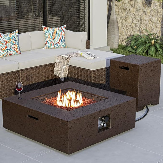 COSIEST Outdoor Propane Fire Pit Coffee Table w Square Faux Stone 35-inch Base, Certified, 50,000 BTU Stainless Steel Burner, Free Lava Rocks and Rain Cover,Tank Cover, Stone Bronze