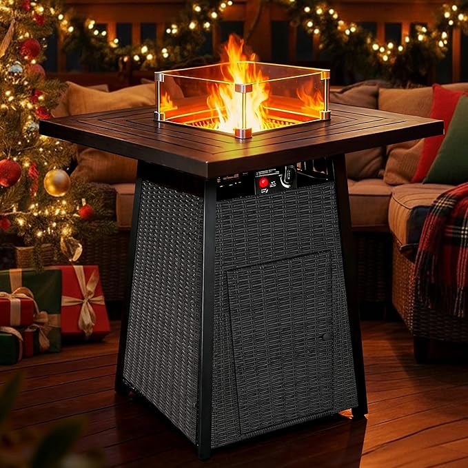 38" Outdoor Propane Fire Pit Table, 50000 BTU Gas Fire Table with Premium Metal Tabletop, Wicker Fire Pit w Rain Cover and Glass Wind Guard for Backyard,Garden,Patio