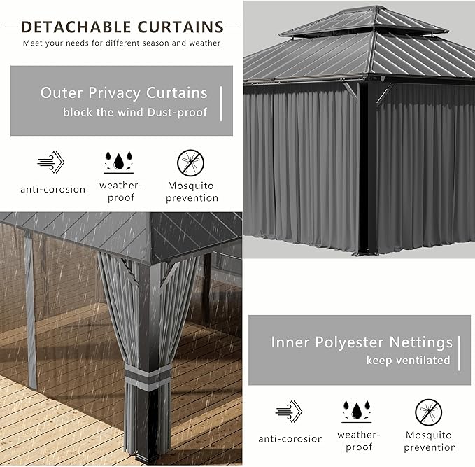 12x20ft Hardtop Gazebo Double Roof, Outdoor Pavilion with 2-Layer Hard top Galvanized Iron Frame Garden Tent, Suitable for courtyards, backyards, Decks, and Grass