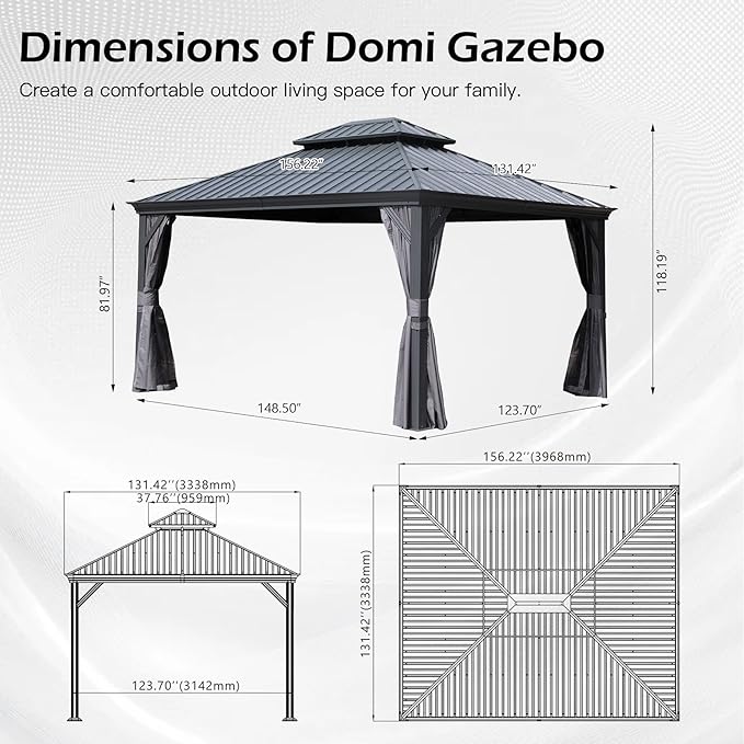 Domi 11x13FT Outdoor Gazebo, Hardtop Gazebo with Galvanized Steel Double Roof, Metal Gazebos with Drainage System Patio Pergola for Patio Deck Backyard,Curtain and Netting,Gray