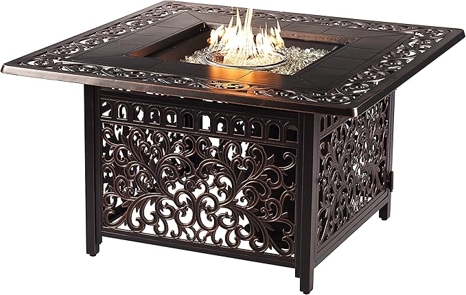 Oakland Living Black Aluminum Patio Fire Table Set with Four Club Chairs with Blue Cushions