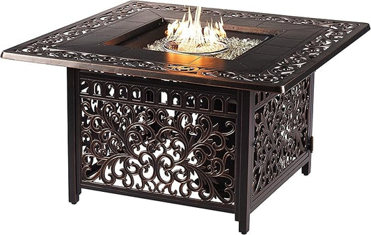 Aluminum 57,0000 BTU 42 in. Square Propane Black Fire Pit Table with Fire Beads, Lid, Propane Tank Cover and Table Fabric Covers in Copper Finish