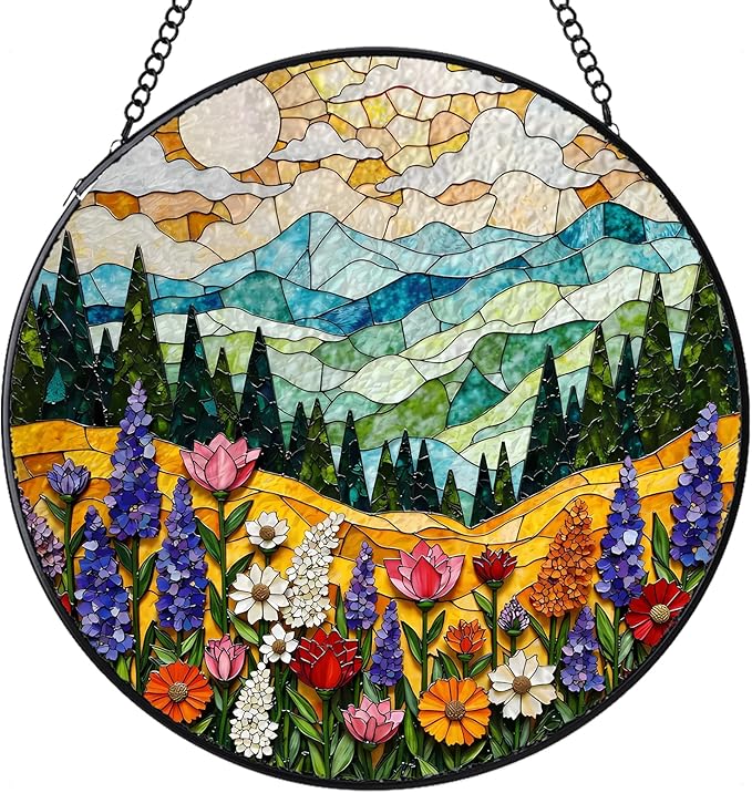 Stained Glass Window Hanging, Colorful Flowers Mountain Stained Glass Suncatchers Indoor Windows Glass Panel Garden Hanging Decor Birthday for Women 6.3 in