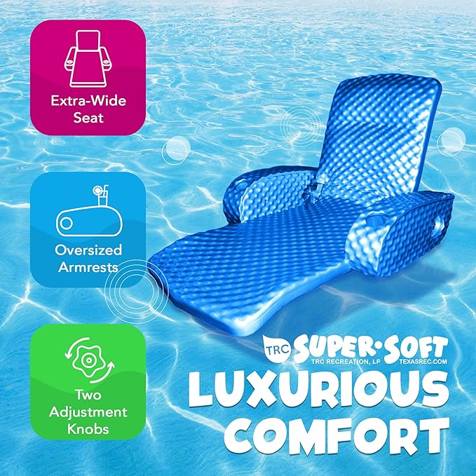 TRC Recreation Super Soft Portable Floating Swimming Pool Water Lounger Comfortable Adjustable Recliner Chair with 2 Armrest Cup Holders…