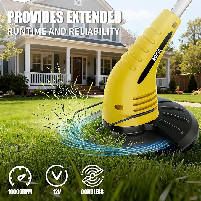Aokia Electric Weed Wacker Cordless, 12V Battery Powered Weed Eater Cordless with Adjustable Pole (65inch), Lightweight Grass Trimmer Mower/Cutter/Edger with 2 Types Blade for Garden and Yard Lawn
