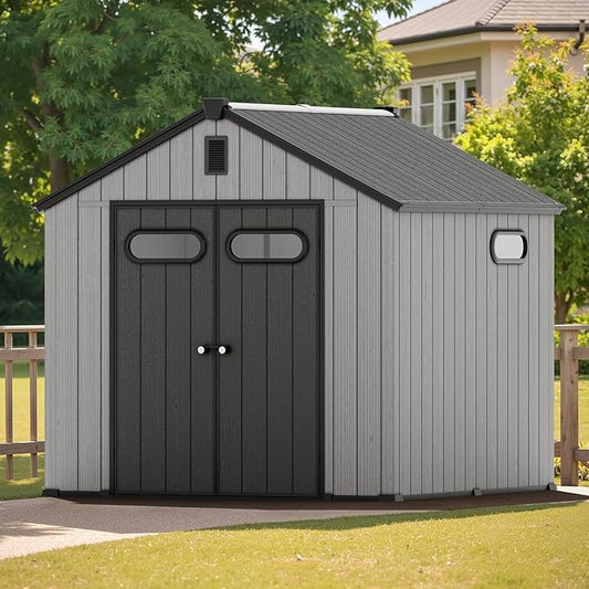 CRESTLIVE 8x8 FT Rust-Resistant Plastic Outdoor Storage Shed, Waterproof Resin Garden Shed with Floor, Doors, Skylight & Vent for Lawn Tools & Bikes