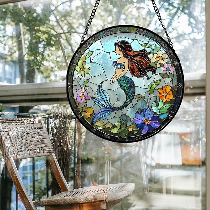 JOSUMALY Stained Glass Window Hanging - Light Blue Mermaid Suncatcher for Door Terrace Garden Home Decor, Ocean Flowers Sun Catcher Birthday Gifts for Lovers Women Men Dad Mom Nana 7.8 in