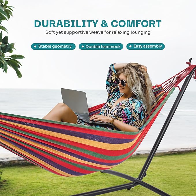 NEWBULIG Double Hammock with Stand, Heavy Duty Portable Hammocks for Outdoor Indoor Patio Camping, Space Saving Design & Carry Bag, Easy Assembly, 450lb Weight Capacity