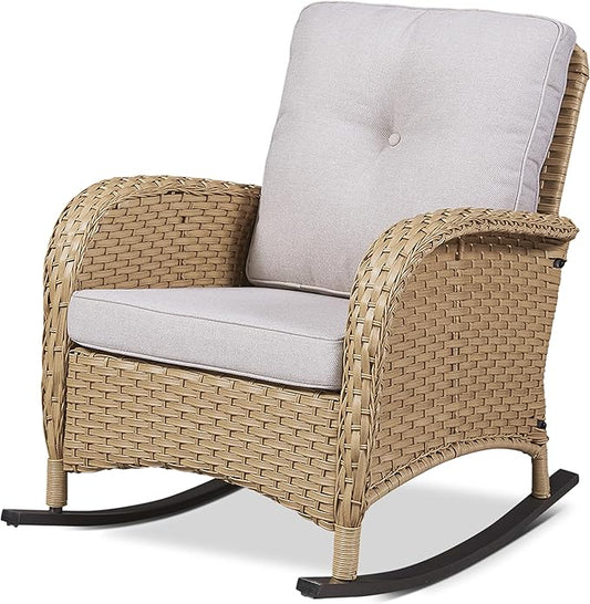 Belord Patio Rocking Chair Wicker Chair, 1 Piece Outdoor Rocking Chair Seating with Cushions for Porch Deck Balcony, Yellow/Beige