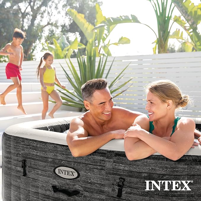 INTEX 28451EH PureSpa Greystone Deluxe Spa Set: Includes Energy Efficient Spa Cover - 170 Bubble Jets - Square Design - 6 Person Capacity - 77" x 28"
