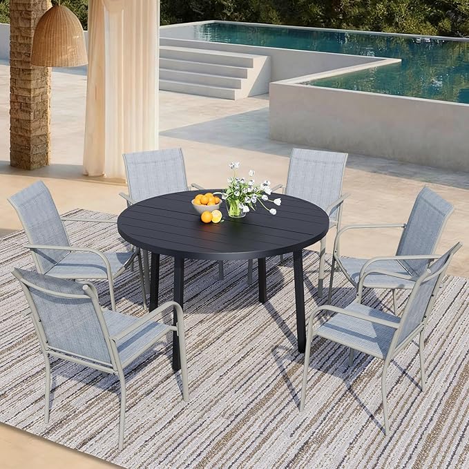 7 Pieces Patio Dining Set for 6, Beige Blue Patio Stackable Chairs and Black Round Table Set of 6, Outdoor Furniture Set with Sling Support for Outside, Garden