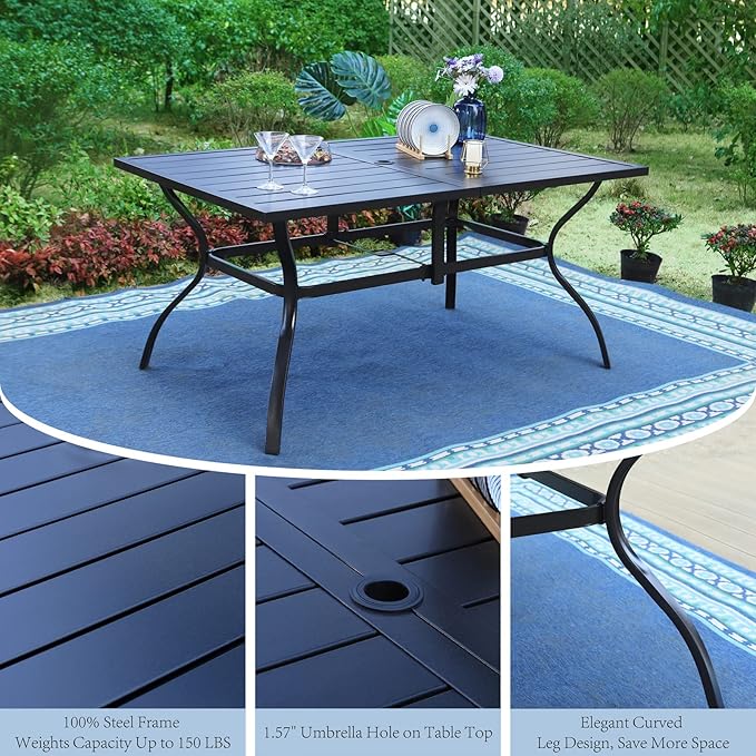 MFSTUDIO 7 PCS Patio Dining Set with Rectangular Metal Table and 6 Pieces Padded Extra Large Sling Chair, Umbrella Hole, Outdoor Table and Chairs,Outdoor Furniture for 6