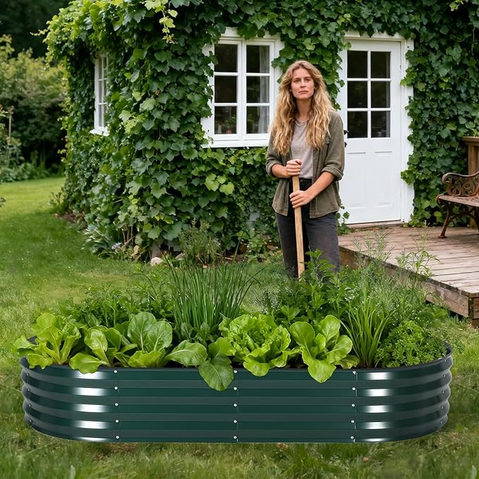 Oval Galvanized Raised Garden Bed Kit with Zippered PVC Cover, Easy Assembly, Thick Metal Outdoor Planter Box for Vegetables, Flowers, Patio Gardening, Dark Green