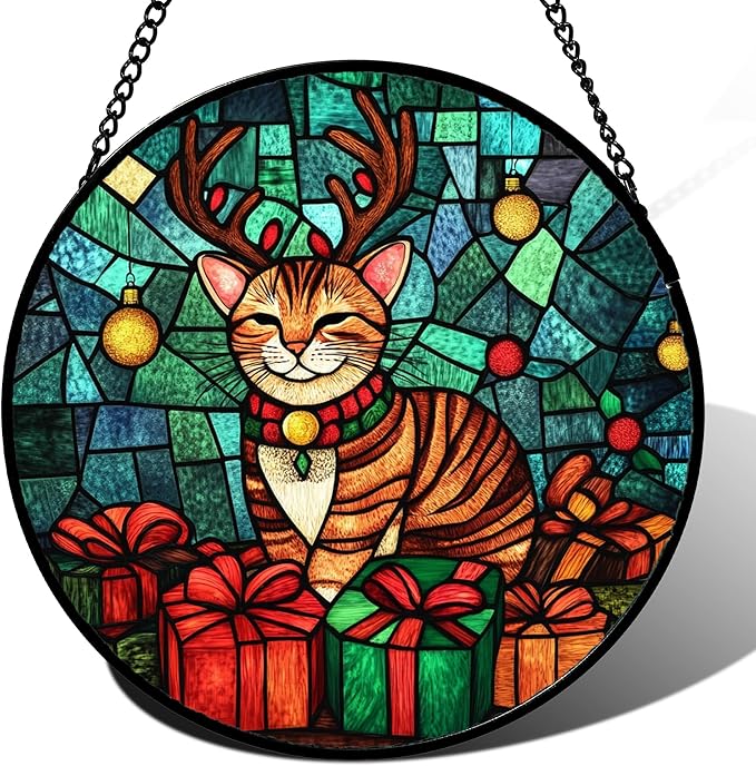 CRISGIF Stained Glass Window Hanging Cat with Elk Antlers 6.3" - Suncatcher Door Garden Sun Catcher Home Decor Birthday Christmas for Lost Pets Mom Men Woman Nana
