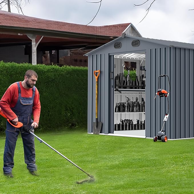 8x10 FT Outdoor Storage Shed,Large Metal Tool Sheds with Window and Lockable Doors, Garden Shed for Backyard Patio Lawn, Dark Grey