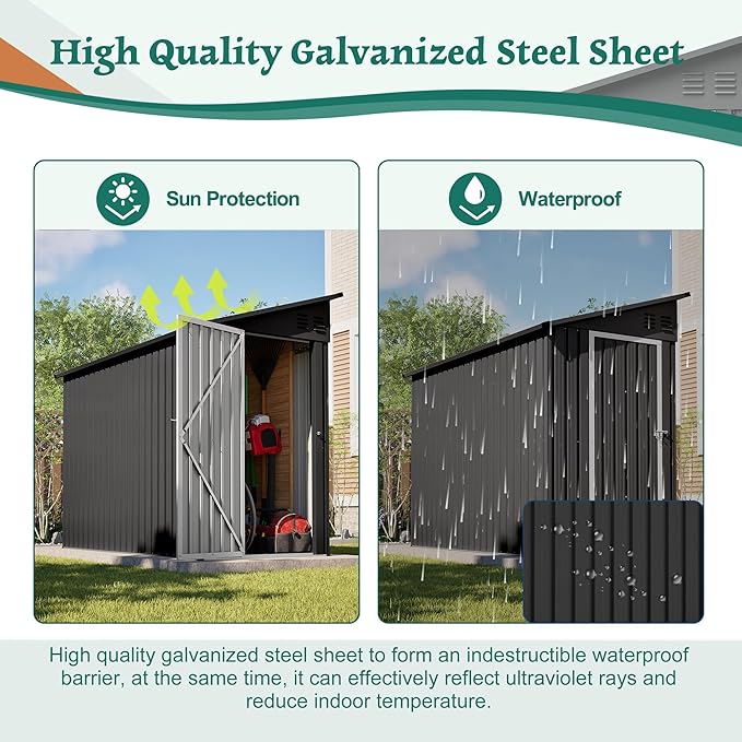 4×8 FT Lean to Metal Shed,Outdoor Heavy-Duty Storage Shed with Floor Base,All Weather Waterproof Garden Tool House W/Lockable Door&2 Air Vent,Reversible Door Design,for Backyard,Patio,Lawn,Black