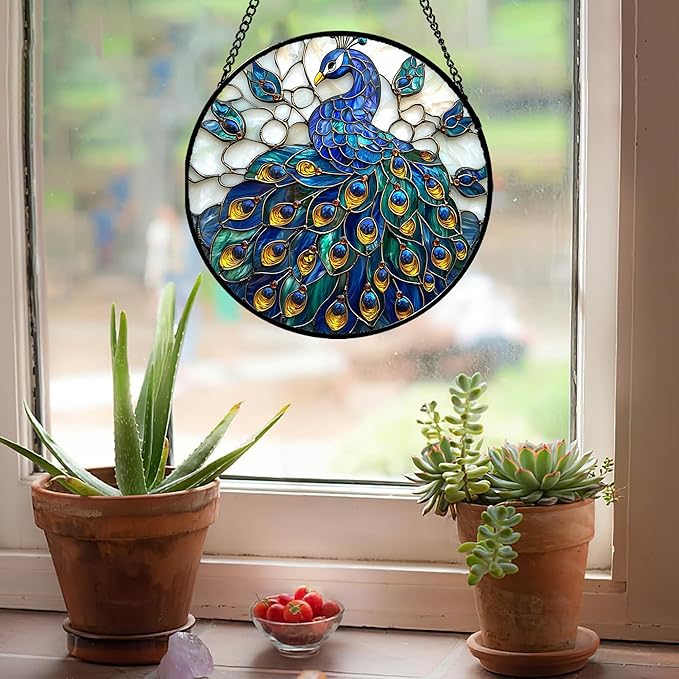 AMDERVEN Stained Glass Window Hanging - Peacock Blue Gold Feathers Sun Catcher for Door Garden Home Decor Bird Suncatcher Christmas Mother's Day Birthday Gifts for Women Men Mom Nana 9.8 in