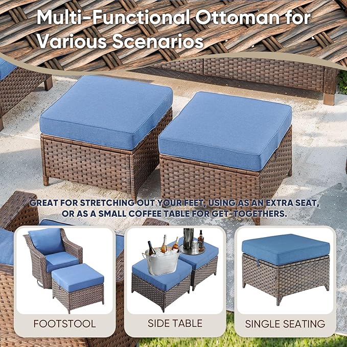 5 Pieces Wicker Patio Furniture Set-Outdoor High Back Sofa with Rattan Wicker Chairs Outdoor Furniture for Porch Garden Backyard Poolside-Brown/Blue