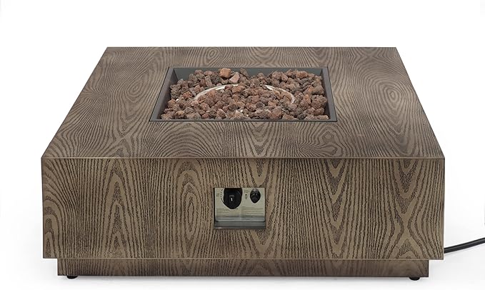 Propane Fire Pit Table, 39" Iron Firepits for Outside, Square Gas Fire Pit for Outside Patio, Propane Fire Table for Deck, Pool, 50,000BTU, Tank Outside, Tank Not Included, Wood