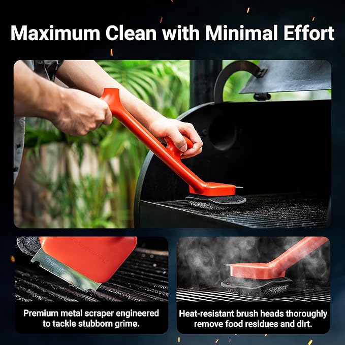 ThermoMaven BBQ Grill Brush Bristle Free - 17" Safe Steam Grill Cleaner Brush with Scraper and 5 Brush Heads for Porcelain/Gas/Charcoal Grill Outdoor Grill Barbecue Cleaner