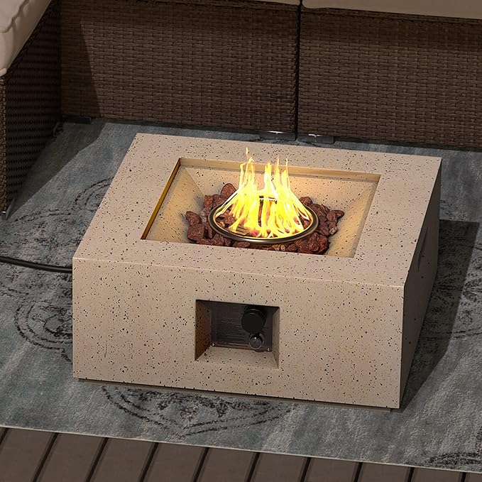 SUNBURY 28 Inch Outdoor Propane Fire Pit Table, 40,000 BTU Spotted White Patio Gas Fire Table w Lava Rocks, Waterproof Cover (Square)