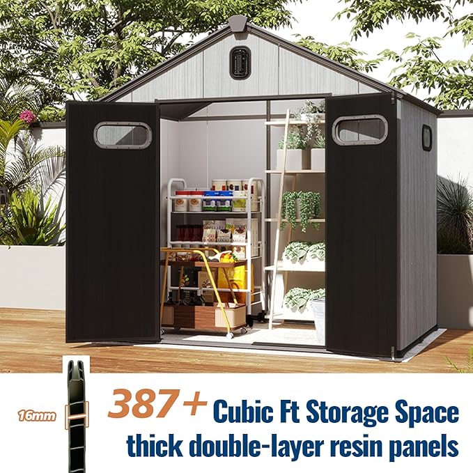 Domi 8x8Ft Resin Outdoor Storage Shed, Plastic Garden Shed with Carpet, Outside Weatherproof Storage Building for Tools, Bike, Lawn Mower, Patio, Backyard