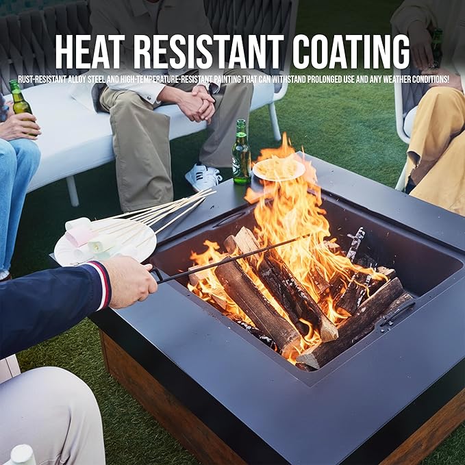 36" Firepits for Outside，Wood Burning Fire Pit with Wood-Grain Side Panels,Firepit for Outside with Mesh Cover & Fire Poker,Square Modern Outdoor Fireplace Fire Table.
