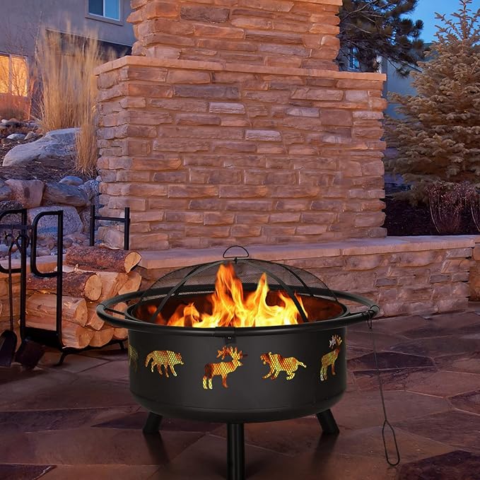 PHI VILLA 36" Outdoor Wood Burning Firepit, Large Patio Deep Bowl Steel Fire Pits with Animal Cutouts Pattern, Poker & Spark Screen
